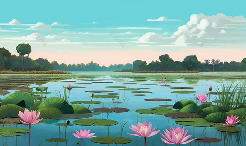 绿色的盛夏湖泊里的荷叶和盛开的荷花背景,插画/手绘图,插画/手绘图库,插画/手绘图下载,插画/手绘